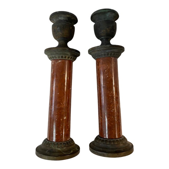 Vintage Sarreid Ltd. Marble & Verdigris Candle Stick Holders- a Pair For Sale