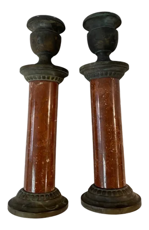 Vintage Sarreid Ltd. Marble & Verdigris Candle Stick Holders- a Pair