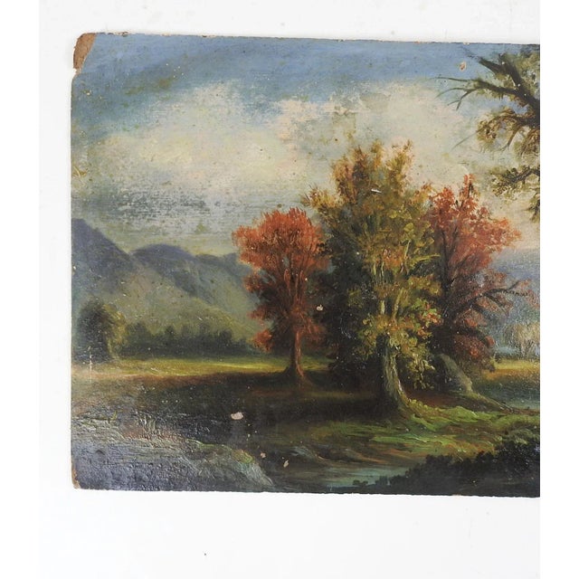 Antique oil on artist board forest landscape painting. Unsigned. Unframed, edge and corner wear, scattered small spots of...
