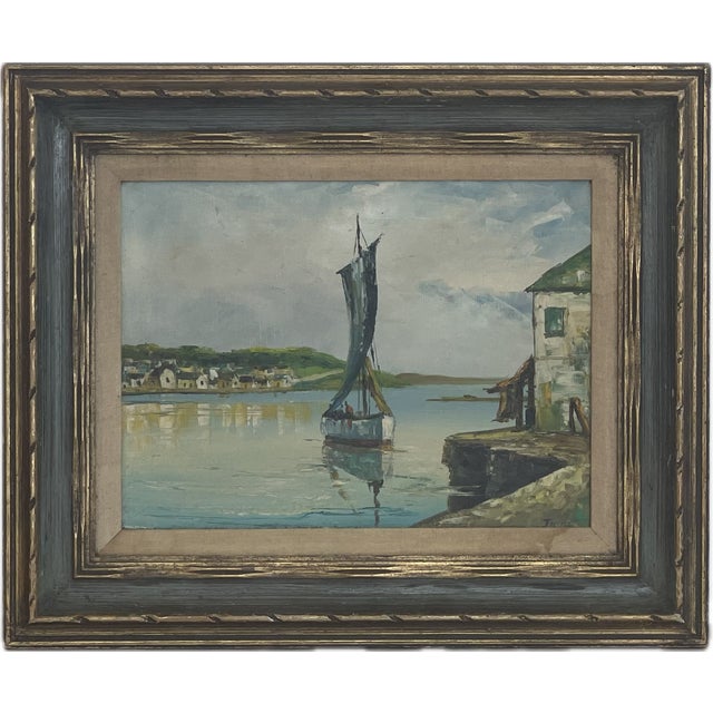 Nautical 1970s Title Vintage Framed Painting Depicting a Boat Scene For Sale - Image 3 of 4