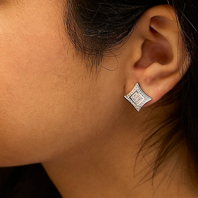 Early 21st Century .925 Sterling Silver Diamond Accented 4-Stone Four Pointed Star Shaped Halo-Style Stud Earrings (H-I Color, I2-I3 Clarity) For Sale - Image 5 of 6