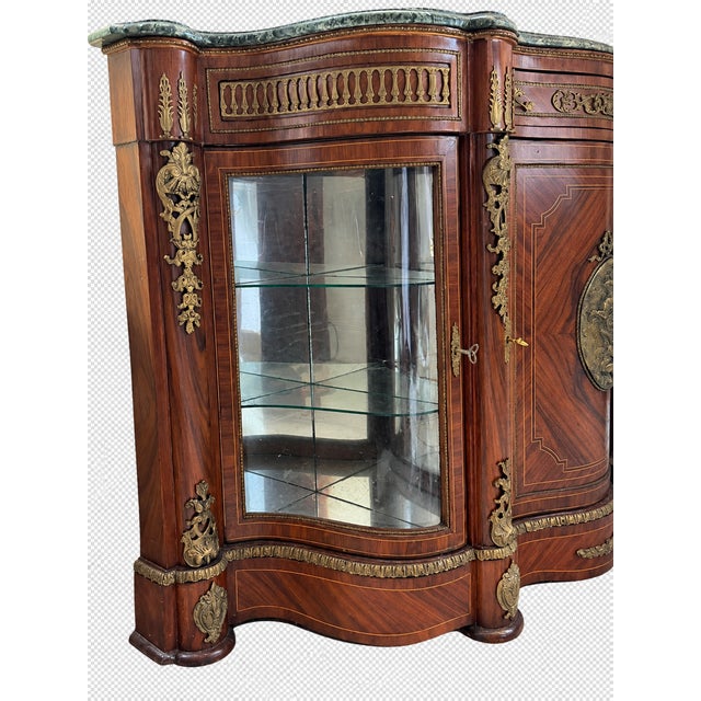 Early 20th Century French Louis XVI Revival Bronze-Mounted Marquetry & Marble-Top Display Credenza For Sale - Image 11 of 11