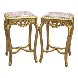 1970 French Louis XVI Gold Beech Pink Marble Tables - Pair For Sale