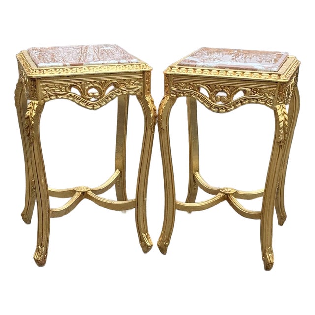 1970 French Louis XVI Gold Beech Pink Marble Tables - Pair For Sale