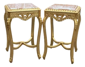 1970 French Louis XVI Gold Beech Pink Marble Tables - Pair