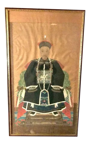 Antique Qing Dynasty Ancestor Portrait Painting, Framed