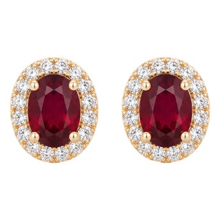 Vintage Oval Garnet Stud Earrings | Gemstone Halo 925 Silver Gold Plated Studs | January Birthstone Everyday Studs - A Pair For Sale