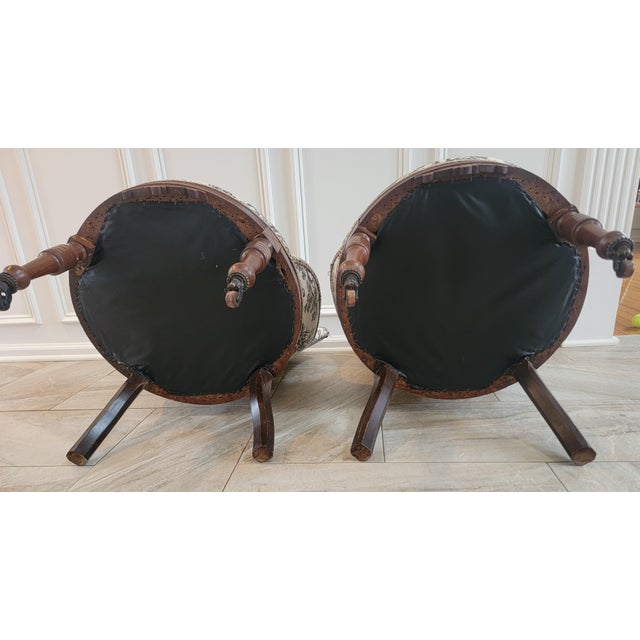Late 19th Century Antique Victorian Toile Upholstered Parlor Slipper Chairs on Casters – A Pair For Sale - Image 5 of 17