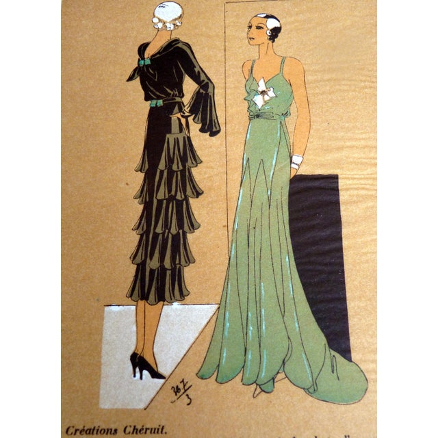 An exquisite original hand-colored pochoir fashion plate from the prestigious 1930 edition of Trés Parisien. This piece...