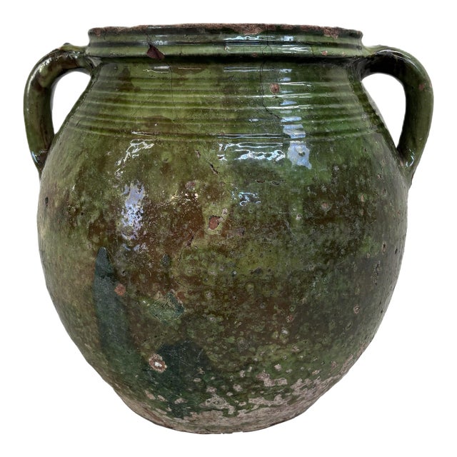 Early 20th Century Large Mediterranean, Green-Glazed Jar For Sale