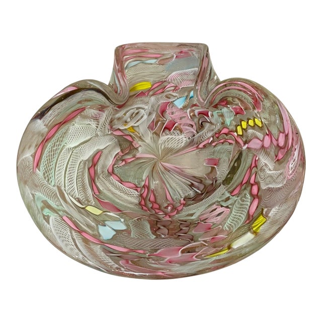 Large Vintage Hand Blown Murano Glass Cigarette Cigar Ashtray Italy Latticino For Sale