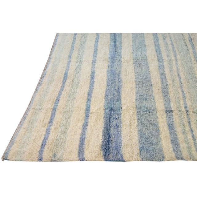 Modern Moroccan Style Handmade Stripe Pattern Ivory and Blue Wool Rug For Sale - Image 9 of 10