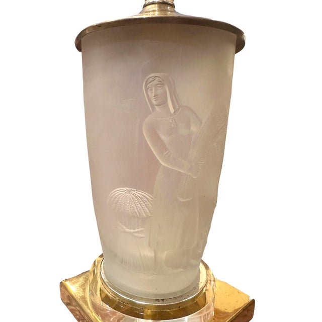Art Deco An American Art Deco Frosted Glass and Brass "Four Seasons" Table Lamp. For Sale - Image 3 of 8