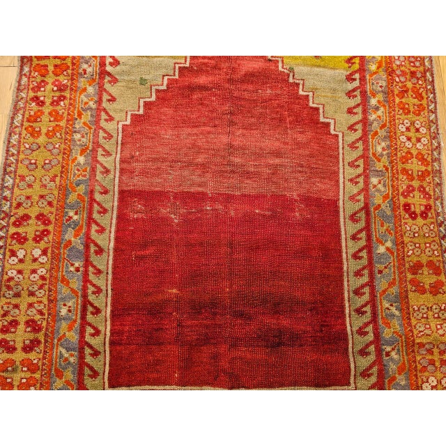Red Vintage Turkish Prayer Area Rug, Hand-Knotted Wool, 4x5, Abrash Red & Yellow For Sale - Image 8 of 14