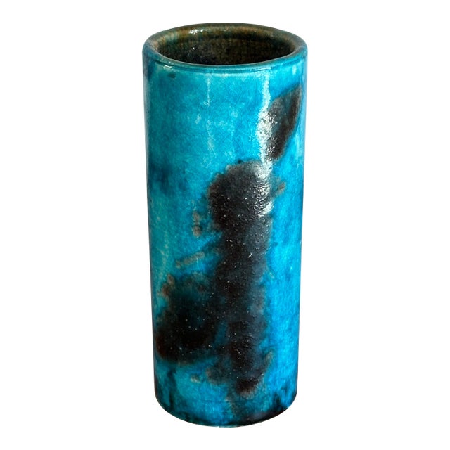 1950s Guido Gambone Cylinder Vase in Blue and Black For Sale