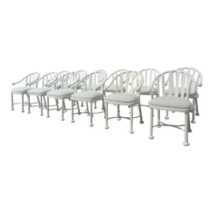 1980s Set of 12 Designer Dining Chairs, Cream Silk, Kravet Boucle Beige