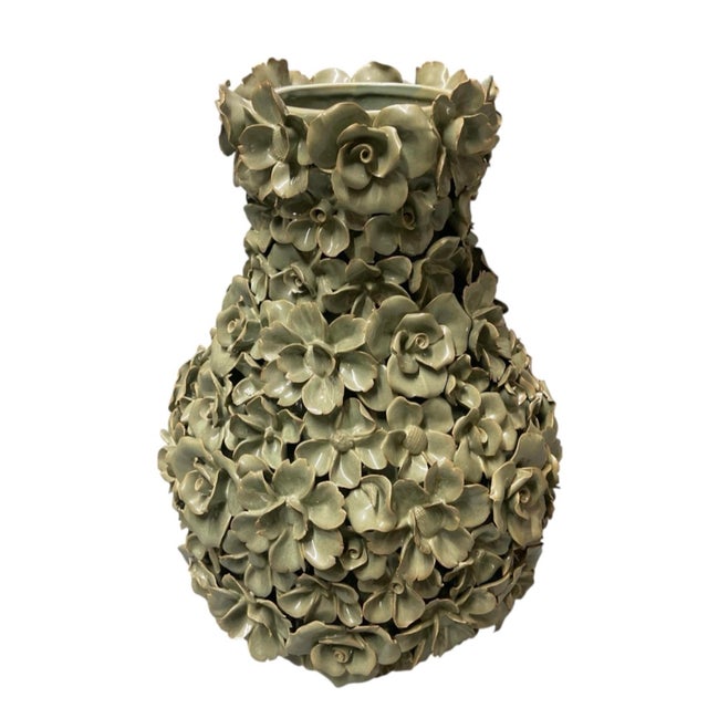 Italian Vintage Italian 20" Encrusted Floral Ceramic Urn Vases - Pair in Muted Sage Green For Sale - Image 3 of 12