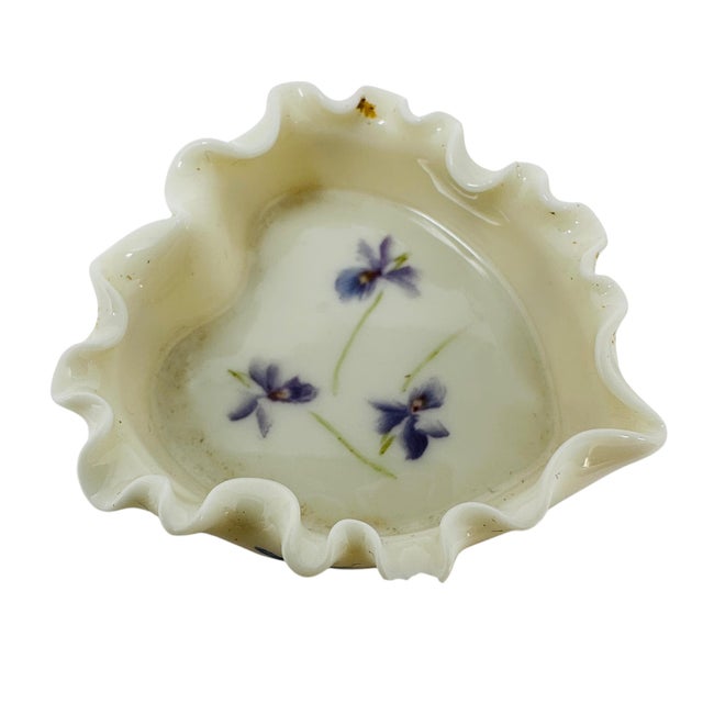 Vintage Hand-Painted Violet Porcelain Salt Cellars, Set of 5, Ruffled Gold Trim Mini Dishes, Unmarked Japan, Lefton China Style, Cottagecore Decor For Sale - Image 4 of 8