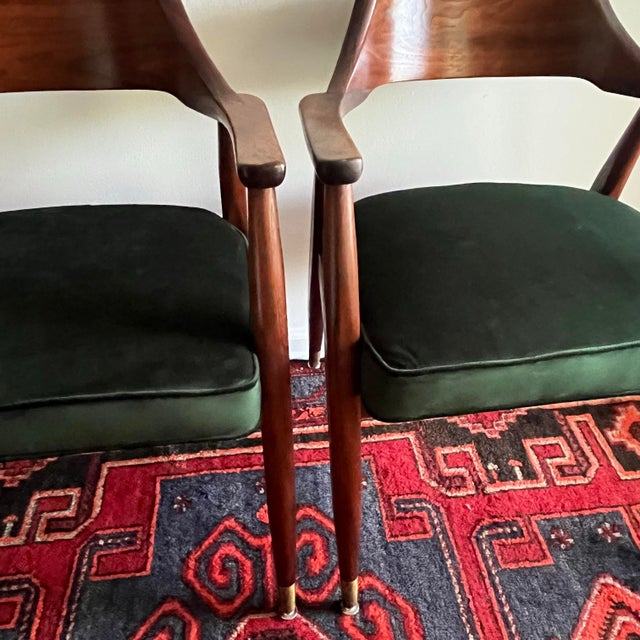 Mid-Century Modern Chairs, Jasper Chair Company Walnut Armchairs in Emerald Green Velvet- A Pair For Sale - Image 4 of 12