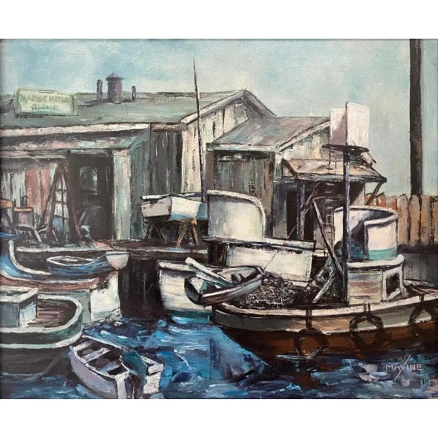 1970s California Impressionist Seascape Oil Painting Blackie's Boat Yard Newport Beach Waterfront Signed For Sale - Image 13 of 13
