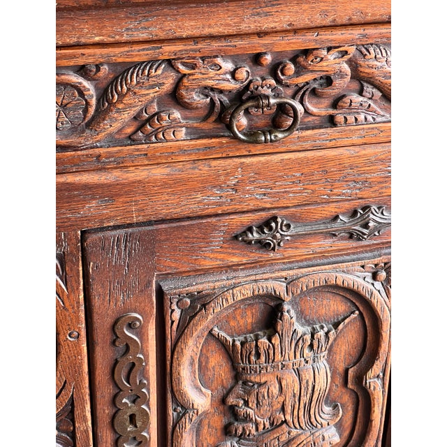 Wood Antique French Carved Oak Sideboard, Renaissance Revival Server With Figural Panels & Iron Hardware For Sale - Image 7 of 12