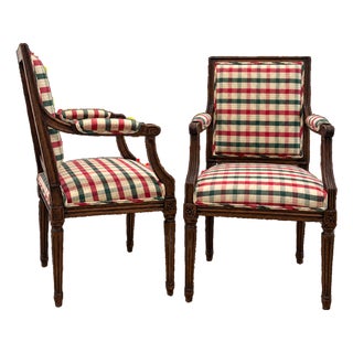 Early 20th Century French Louis XVI Style Square Back Hand-Carved Wood Armchairs - A Pair For Sale