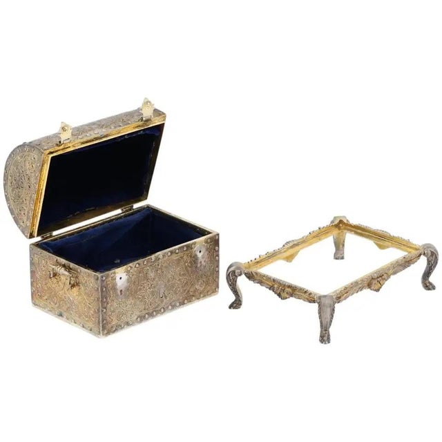 An antique Portuguese sterling silver box with a stand. Exact silver guarantee mark used in the Lisbon Assay Office from...