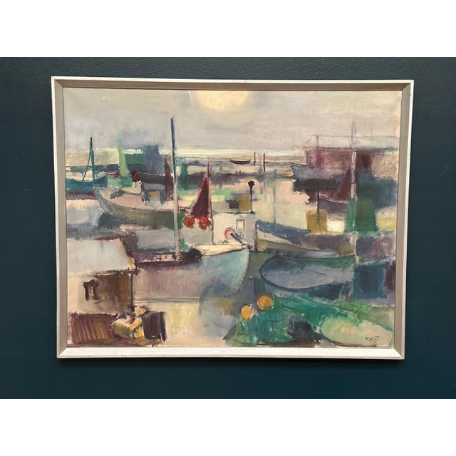 Original Scandinavian Oil on Canvas – “Port” by Finn Hillerup – Signed – Vintage & Framed – 88 × 70 cm (34.6" × 27.6")...