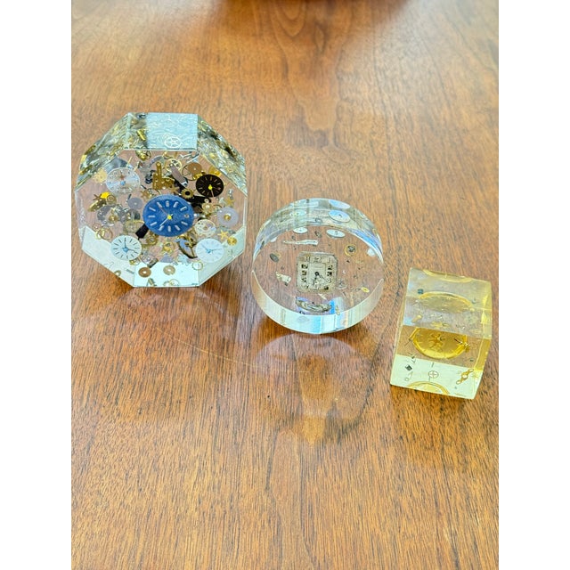Vintage Mid-Century Lucite Exploding Watch Parts Paperweight Sculptures in the Manner of Pierre Giraudon Set of Three For Sale - Image 12 of 12