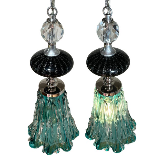 Art Glass Aqua Black Pendant Light For Sale - Image 9 of 18