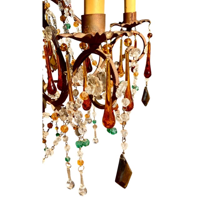 Antique Italian Iron and Colored Crystal Chandelier With Crystal Beading For Sale - Image 12 of 18