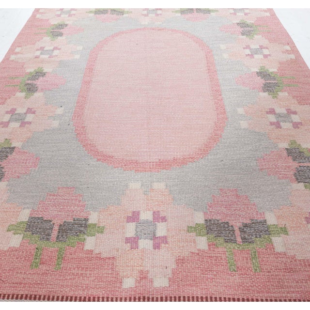 Vintage Swedish Flat Woven by Ingegerd Silow Size: 5'5" × 7'8" (165 × 233 cm) Color: Beige, Gray, Green, Pink This...