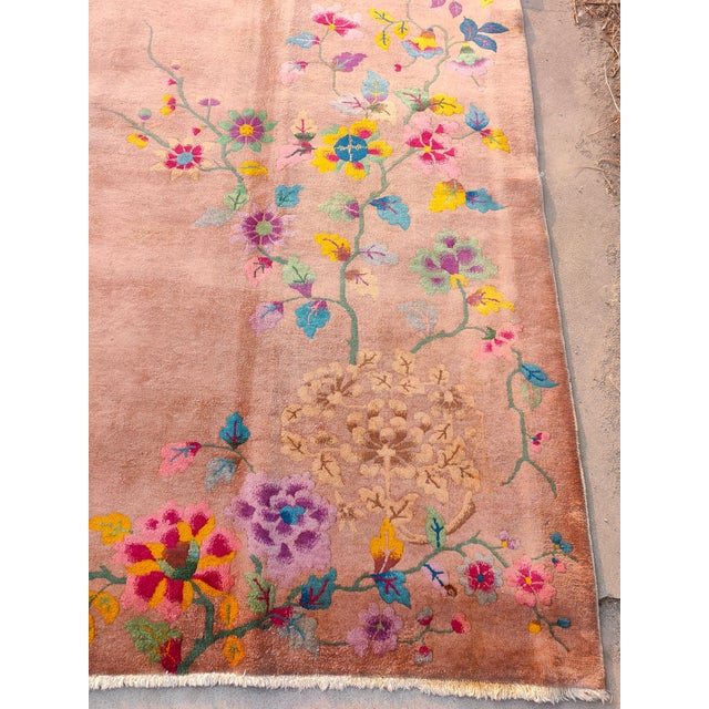 Early 20th Century 1930s Orange-Peach Floral Modern Antique Chinese Art Deco Rug Hand Knotted 8'10" X 11'6 Wool Carpet For Sale - Image 5 of 6