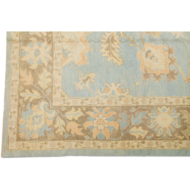 2010s Handmade Modern Turkish Blue Wool Rug With Floral Field For Sale - Image 4 of 7