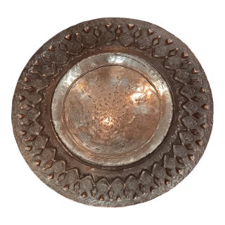 Vintage Egytian Hammered Sculptured Copper Platter/ Bowl With French Fluer- De- Lis and Bee Symbol For Sale