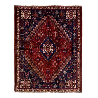 4 X 5 Blue and Red Designed Shiraz Vintage Persian Wool Rug For Sale