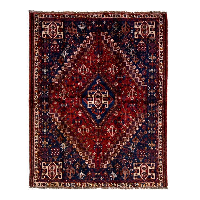 4 X 5 Blue and Red Designed Shiraz Vintage Persian Wool Rug For Sale