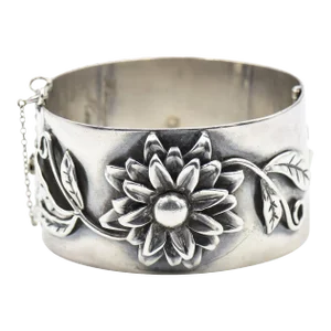 Applied Flower Floral Sterling Silver Bangle Bracelet by Heidi