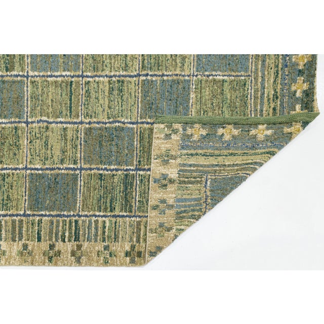 Mid-Century Modern Modern Swedish-Style Flatweave Wool Rug – Moss Green & Slate Blue Geometric Grid For Sale - Image 3 of 10