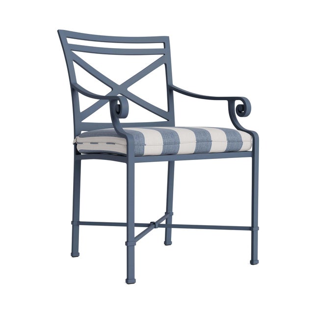 Brown Jordan Venetian Arm Chair in Sapphire with Sapphire Stripe Cushions For Sale