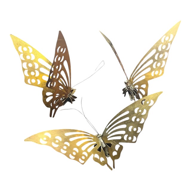 1970s Mid-Century Modern Brass Butterflies Tabletop or Wall Decoration- Set of 3 For Sale