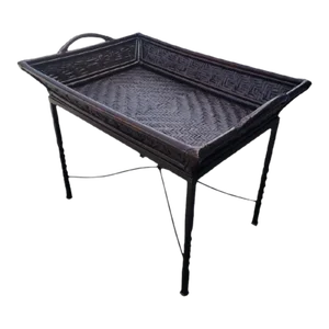 Vintage Cast Iron Removable Wicker Tray Top Side Table