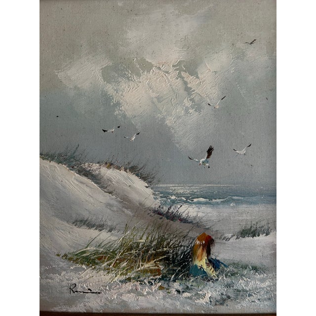 Vintage 1970’s Seascape Painting With Girl and Seagulls in Wood Frame For Sale - Image 4 of 6