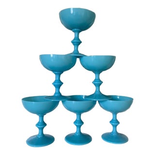 1930s Vintage Blue Opaline Portieux Vallerysthal Champagne Coupes - Set of 6 For Sale