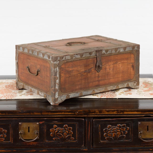 19th Century Indian Wooden Box with Brass Details and Distressed Patina For Sale - Image 9 of 11