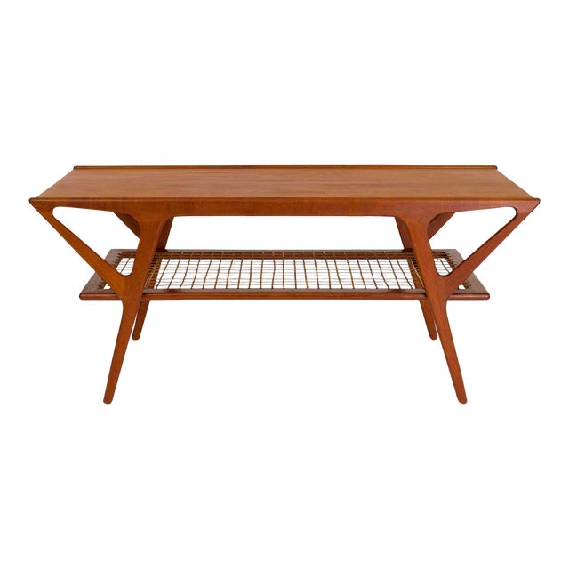 Vintage Danish MidCentury Teak Coffee Table With Cane Shelf 1960s