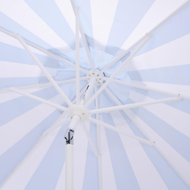 2020s Meze 9 Ft Crank Umbrella, Baby Blue Cabana Stripe/White Pole For Sale - Image 5 of 9