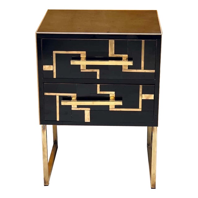 Wooden Bedside Tables in Black Glass with Brass Inlay from Justfurnituress SRL, Set of 2 For Sale