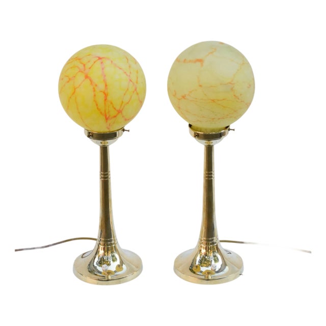 Art Deco Lamps with Marbled Lampshades, 1940s, Set of 2 For Sale
