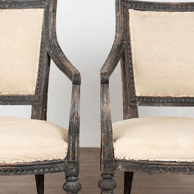 Black Pair 19th Century Swedish Gustavian Black Painted Carved Armchairs For Sale - Image 8 of 16